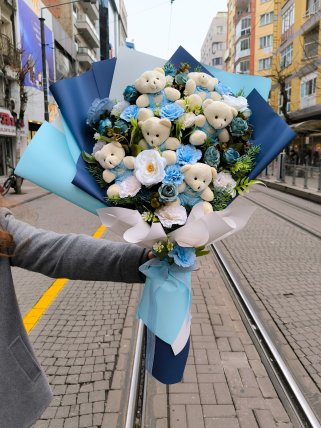 Mavi Gül Ayıcık Buketi